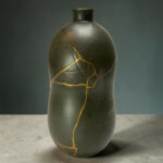 Close-up of a dark ceramic vase with gold kintsugi cracks on a gray studio backdrop, showing the lower half of the vessel.