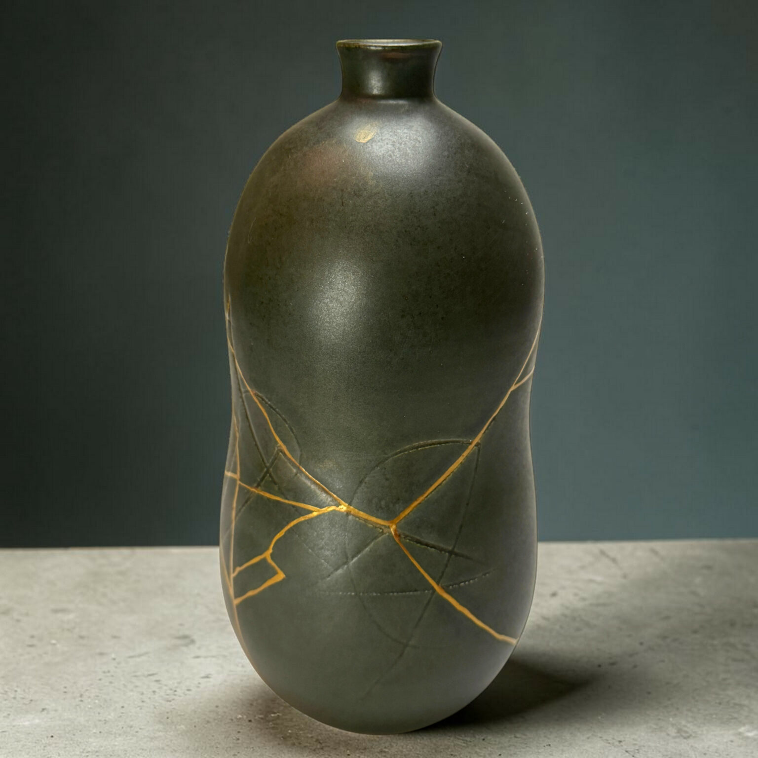 Close-up of a dark ceramic vase with thin gold wraps running diagonally down its surface, set against a gray backdrop on a concrete floor.