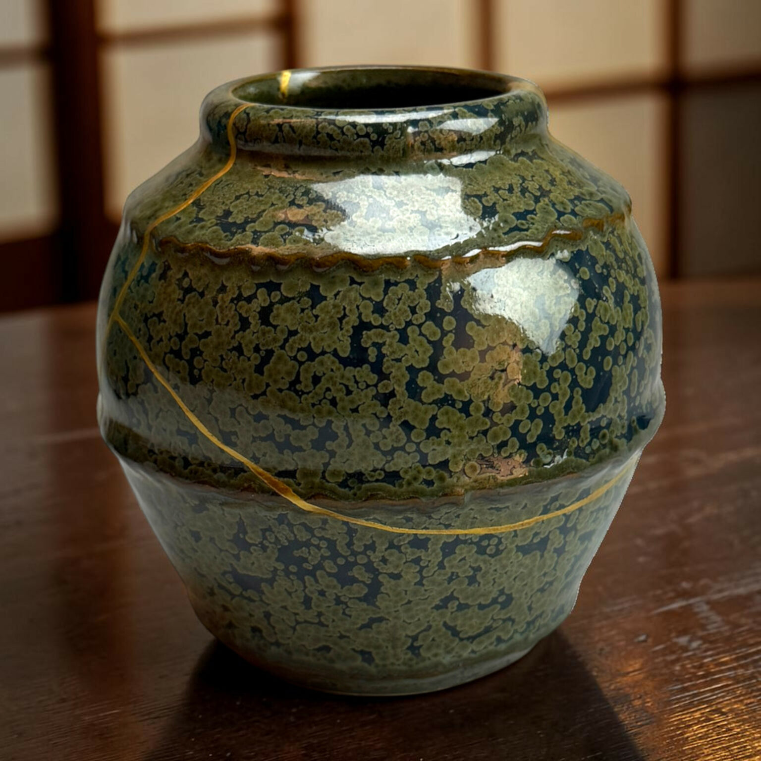 Close-up of a blue-green ceramic vase with gold trim and mottled glaze on a wooden table.