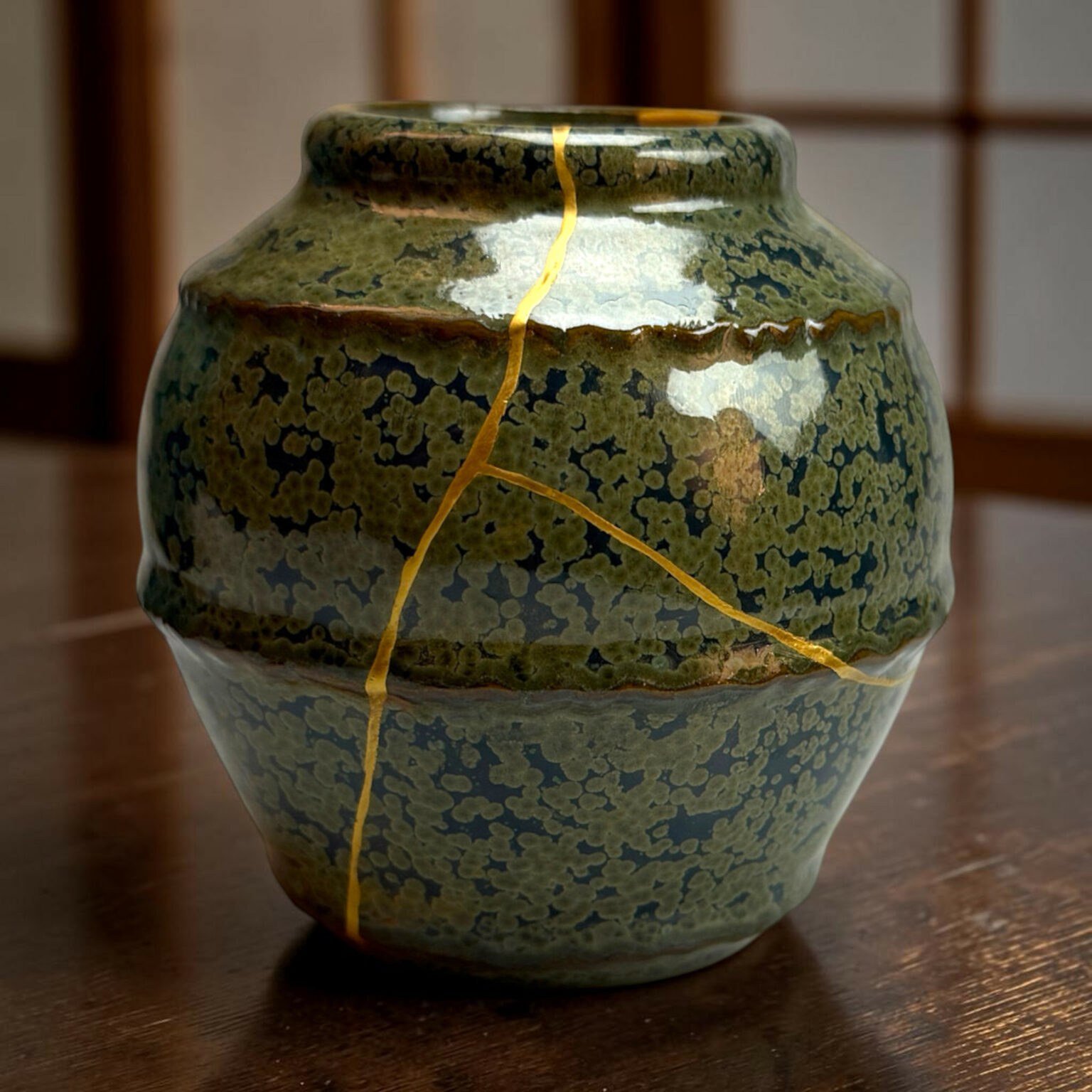 Close-up of a green ceramic vase with a crack tied by a yellow cord, resting on a wooden surface138]