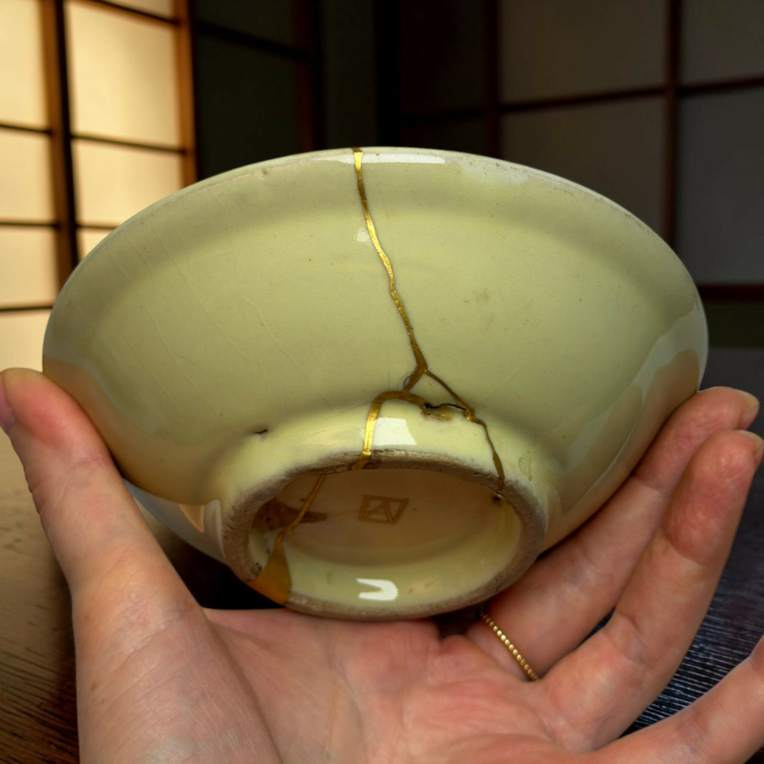 Close-up of a pale green ceramic egg repaired with gold seams (kintsugi), being gently held by hands.