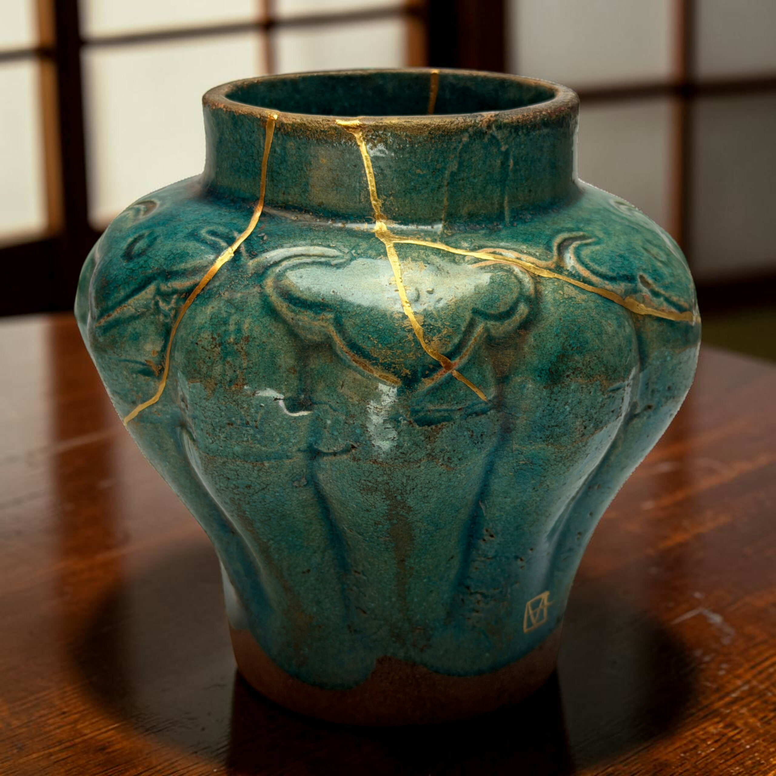Close-up of a teal ceramic vase with gold seams highlighting the cracks, sitting on a wooden table.
