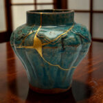 Close-up of a teal ceramic vase with gold crackle lines and carved patterns on a dark wooden table surface.