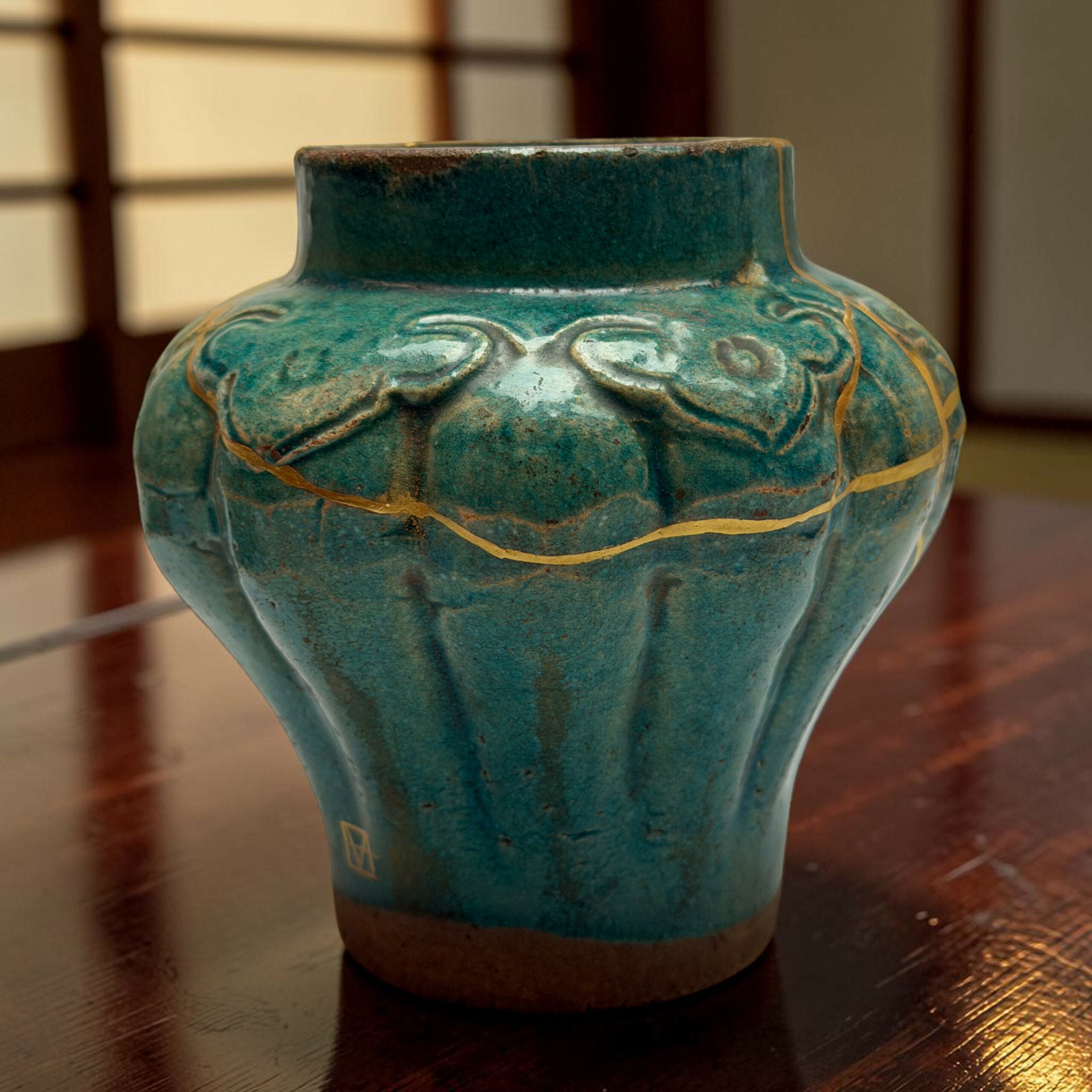 Close-up of a turquoise ceramic vase with gold decorative lines, sitting on a dark wooden table.