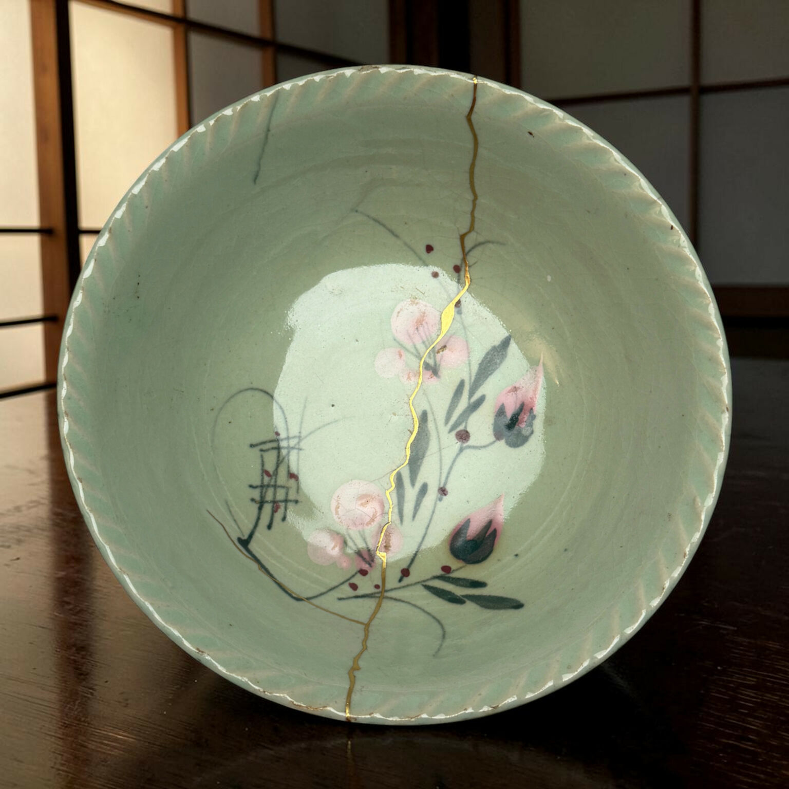 Close-up of a mint-green ceramic plate with a gold crack line and pink floral pattern on a wooden surface.