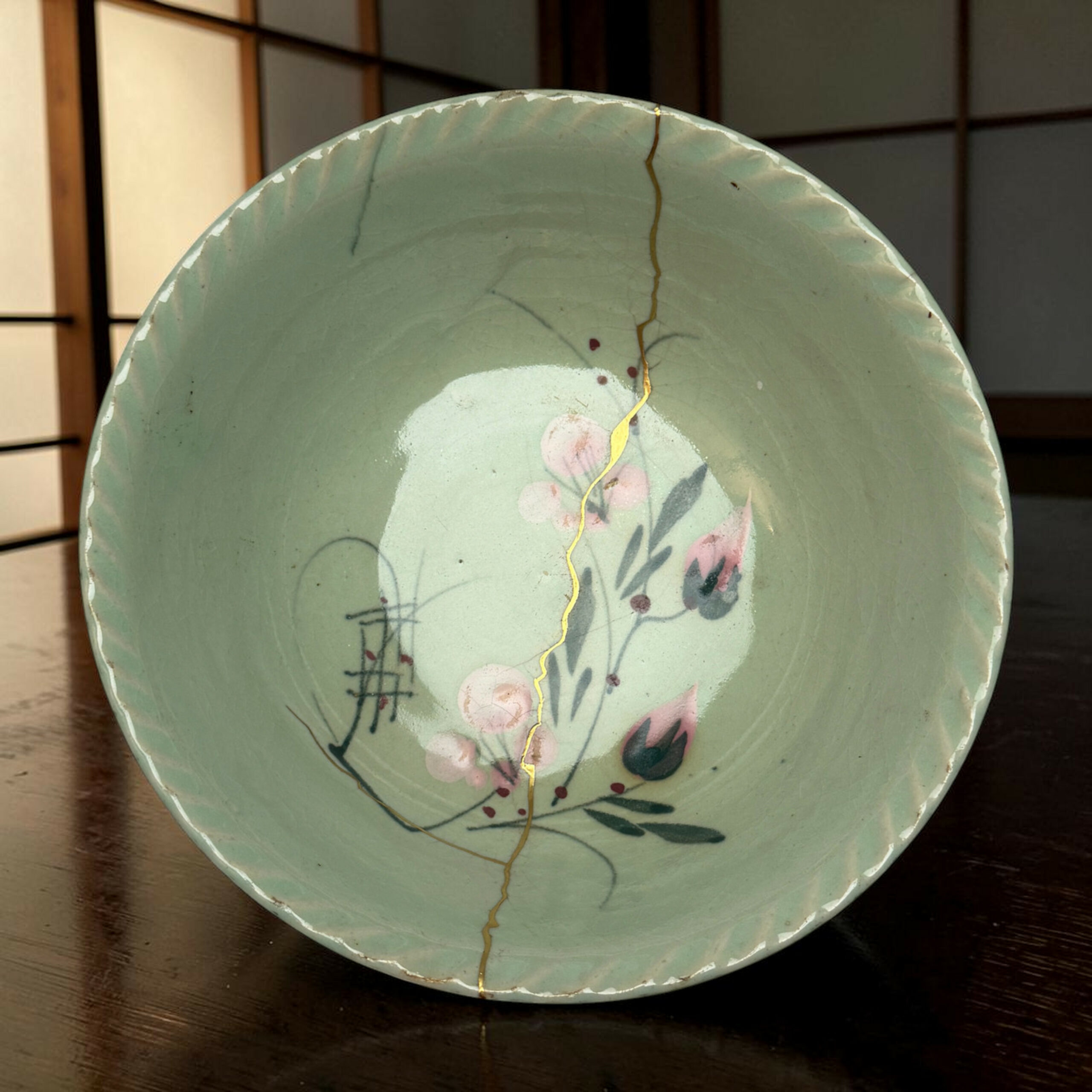 Close-up of a mint-green ceramic plate with a gold crack line and pink floral pattern on a wooden surface.