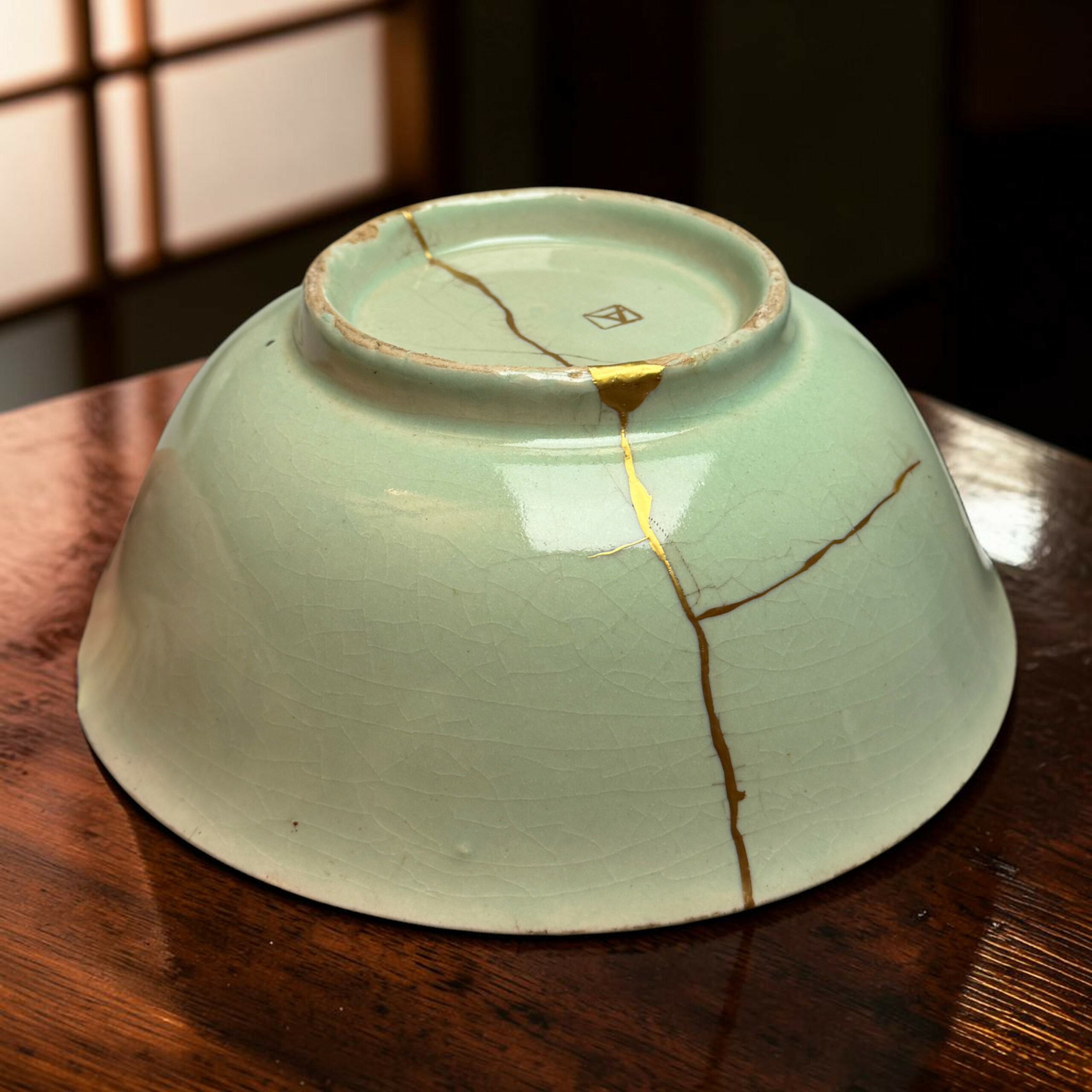 Close-up of a pale green ceramic vase with visible cracks repaired in gold, resting on a wooden surface (kintsugi style).