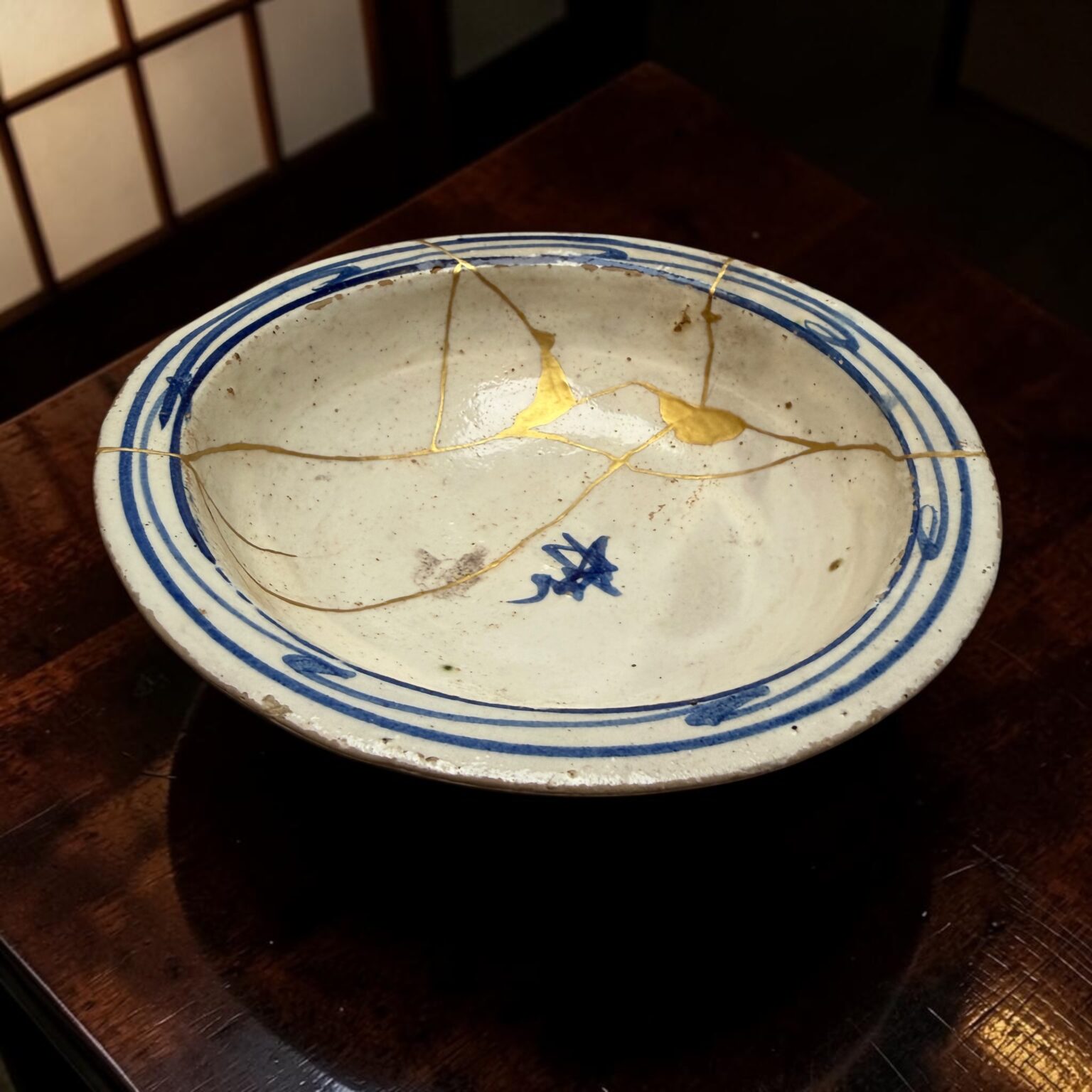 A ceramic bowl with a blue rim and gold crack lines, resting on a dark wooden table.