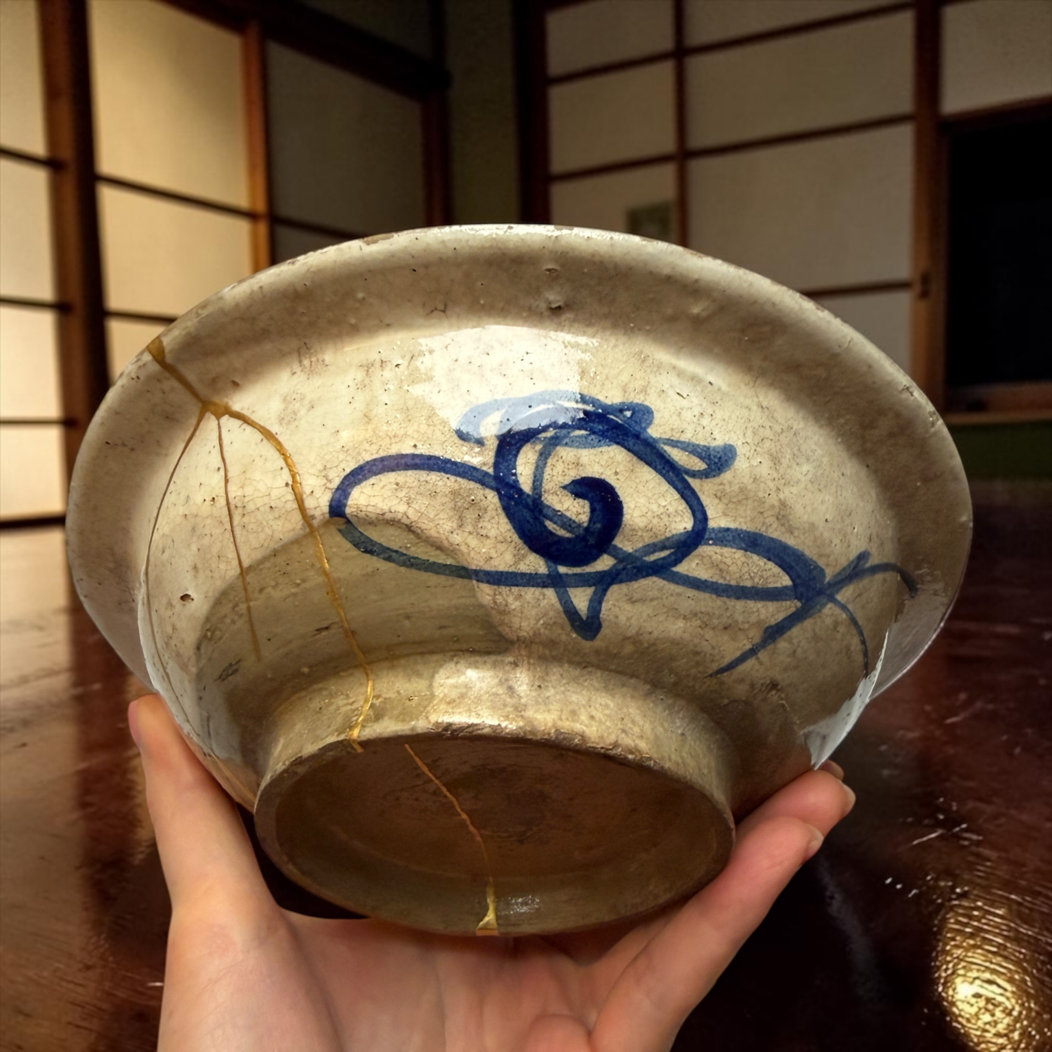Close-up of a weathered ceramic bowl cradled in two hands, showing cracks and a blue decoration.
