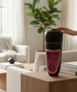A tall black ceramic vase with pink-purple glaze at the bottom sits on a wooden table as a hand reaches to touch its rim in a modern living room.