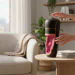 Black ceramic vase with a pink geode pattern on a round wooden table in a bright living room