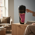 Hand reaching toward a tall black decorative vase with a pink geode interior and gold seams on a wooden cabinet in a living room.