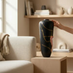 Tall black ceramic vase with gold crackle glaze on a light wooden pedestal, being touched by a hand in a cozy living room.