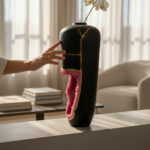 Black ceramic vase with gold crack lines and a pink inner cavity, a hand resting on its side in a sunlit living room setting with an orchid on top.