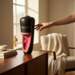 Hand reaches toward a tall black ceramic vase with pink interior and gold crack lines on a wooden table in a sunlit room.