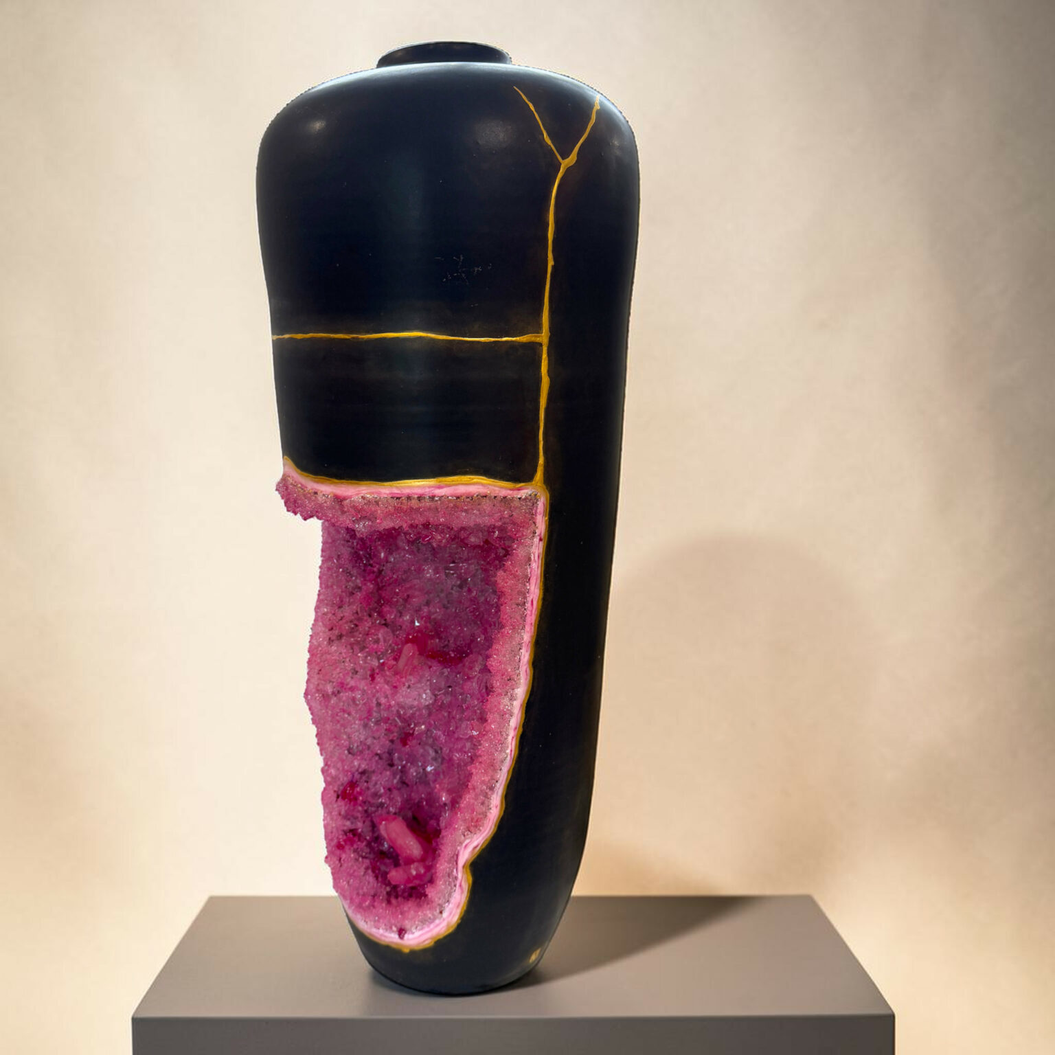 Close-up of a glossy black sculpture with gold vein markings, pink crystalline base, displayed on a pedestal.