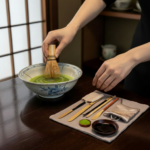 Person whisking vibrant green matcha in a ceramic bowl with a bamboo whisk (chasen), beside arranged tea utensils on a mat.