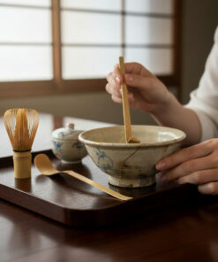 Person uses a wooden utensil to stir a ceramic bowl on a dark wooden tray; a bamboo whisk and small lidded pot sit nearby—traditional tea setup.