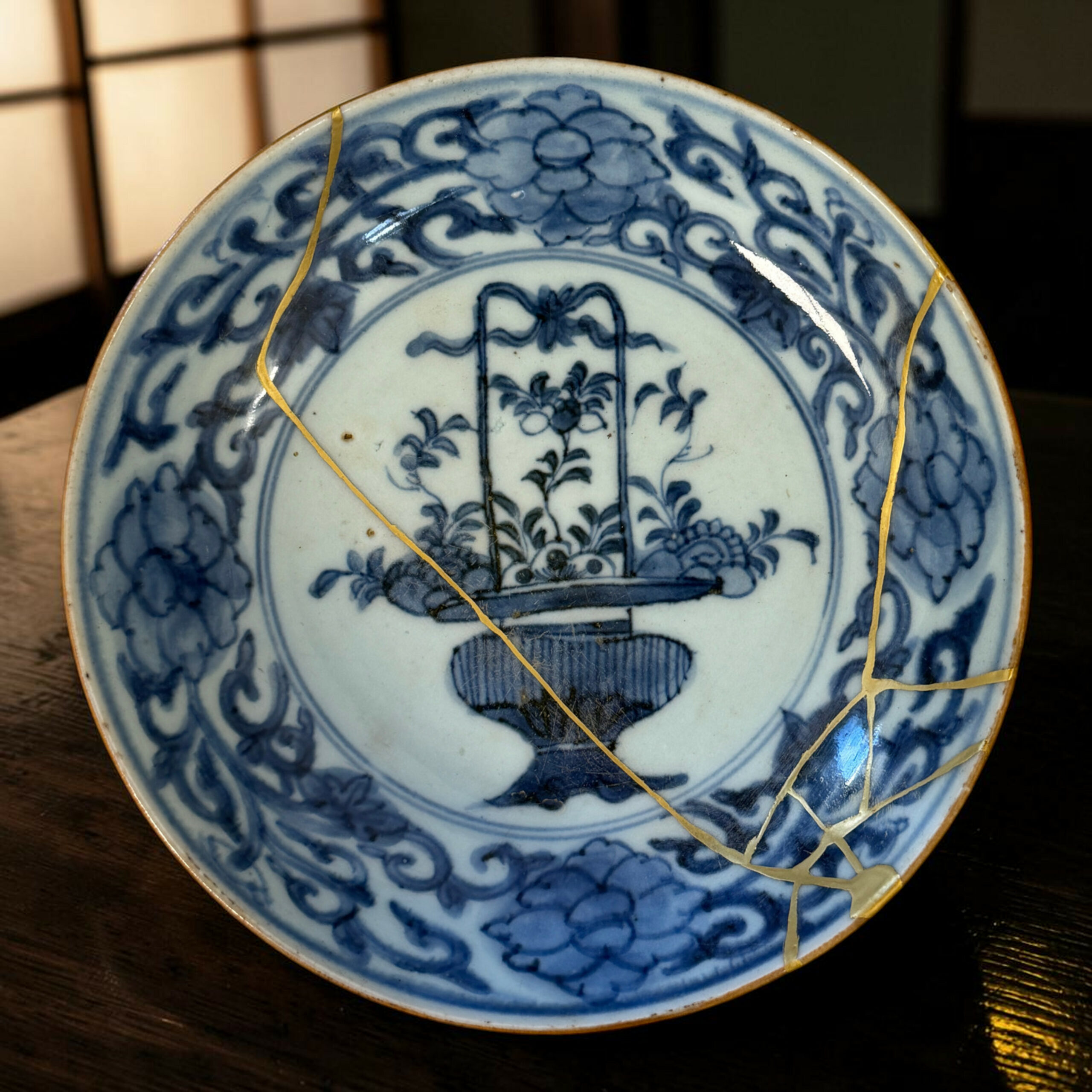 Close-up of a blue-and-white porcelain plate with gold kintsugi repairs on a wooden surface.