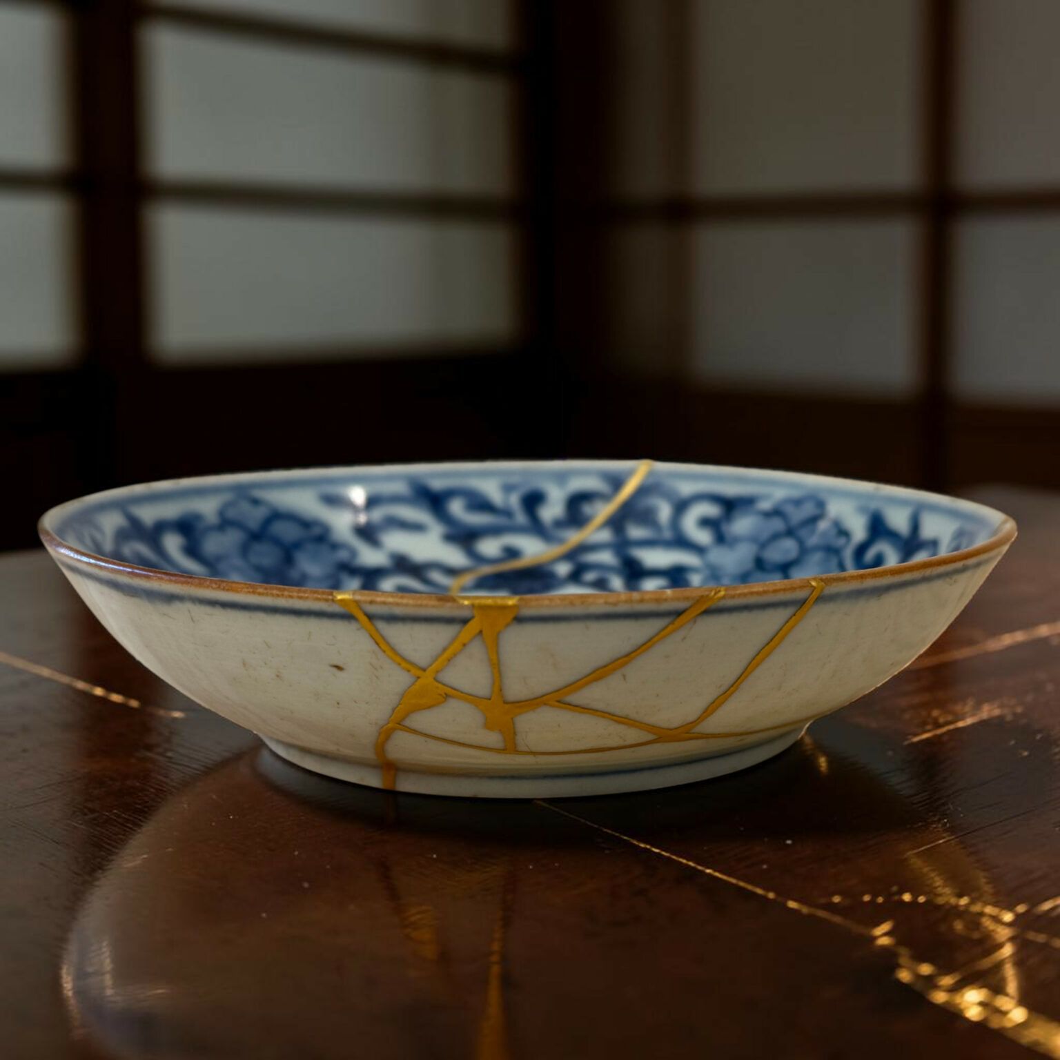 Blue and white ceramic bowl with a gold-yellow string laid across a dark wooden table, close-up view.