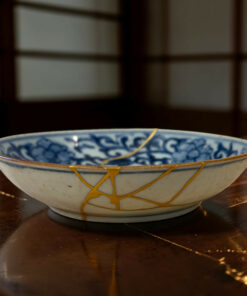 Blue and white ceramic bowl with a gold-yellow string laid across a dark wooden table, close-up view.