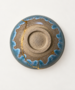 Alternative view of Japanese Stoneware blue Wan-nari Chawan — Traditional Kintsugi with 24k Gold